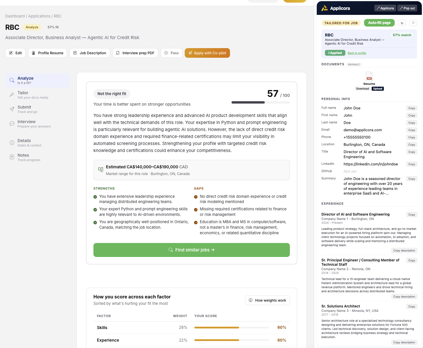 Co-Pilot panel beside an application page with tailored resume and one-click copy fields
