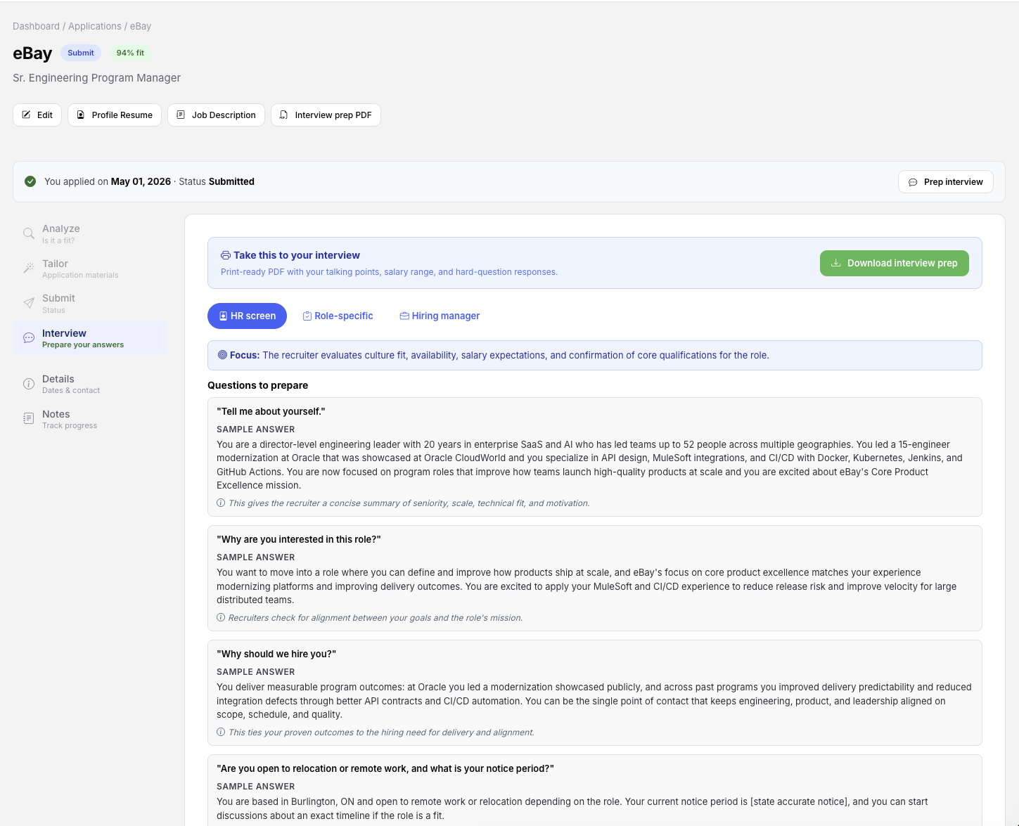 Interview prep with HR screen questions and sample answers