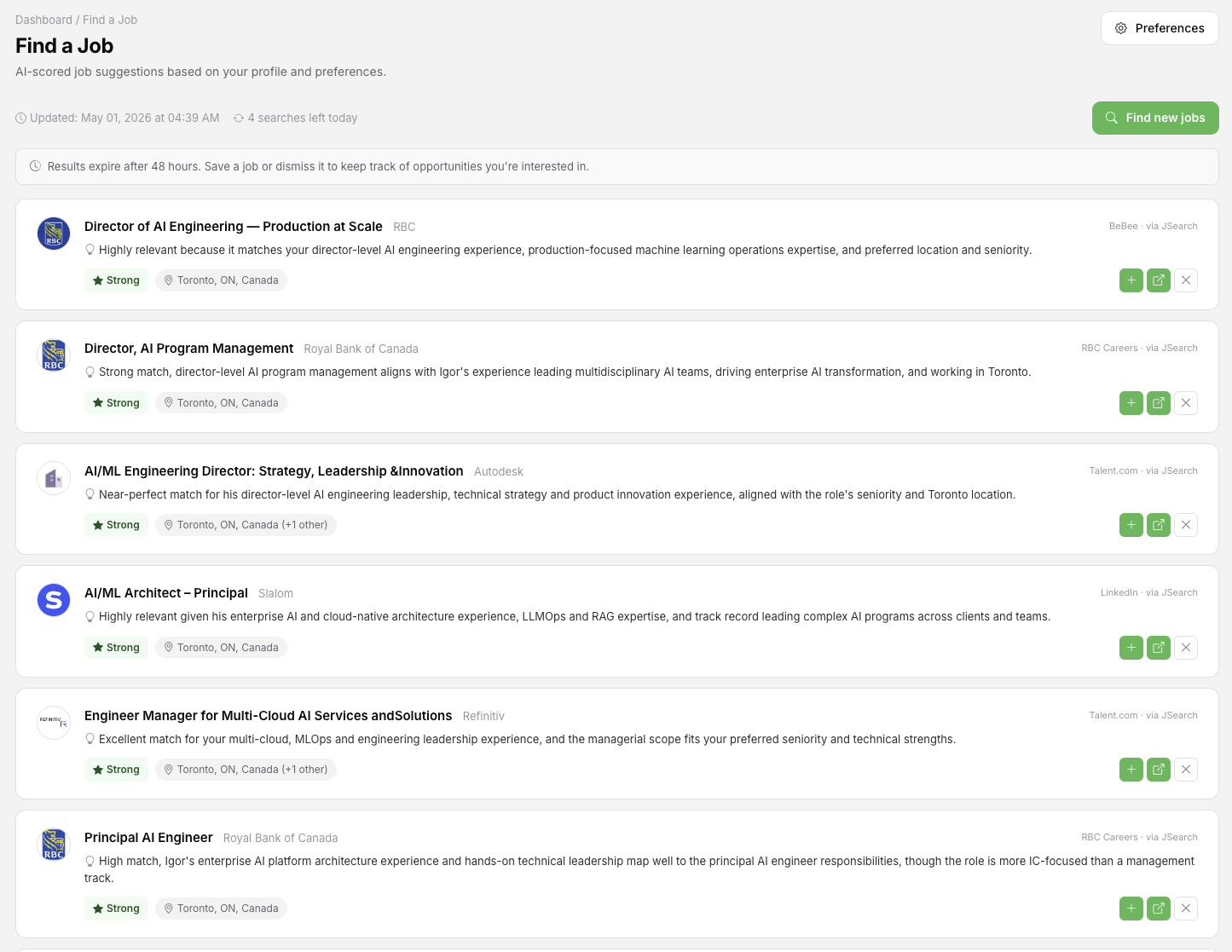 Find a Job page with matched roles and plain-English reasoning
