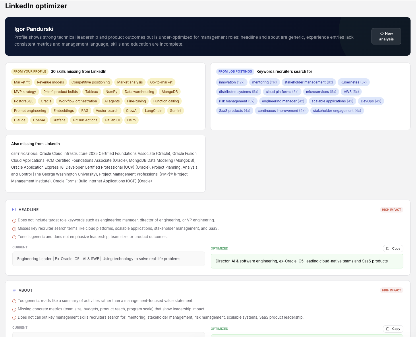 LinkedIn Optimizer with keyword frequencies and headline section diff