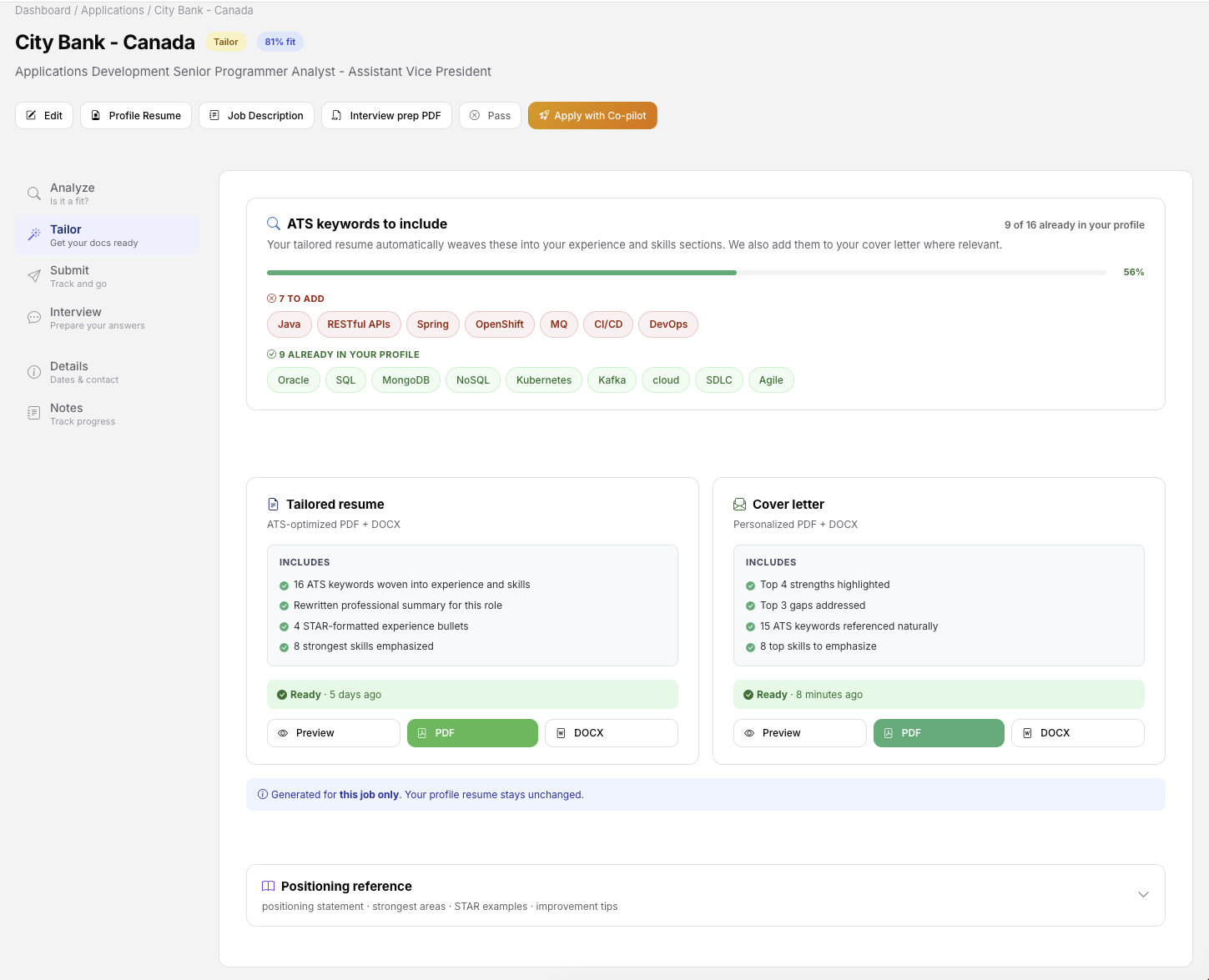 Tailor view with ATS keyword coverage and Tailored resume + Cover letter cards